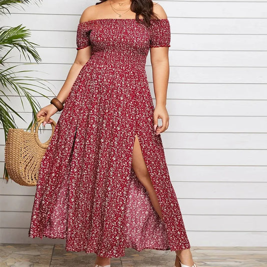 Dress Floral Print Off Shoulder Slit Max