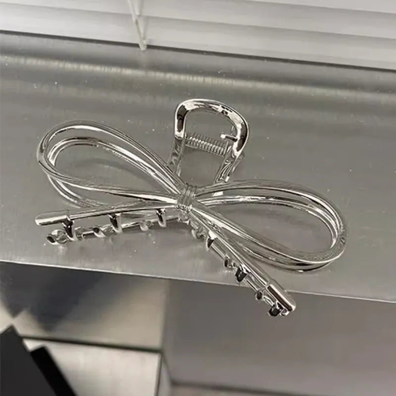 Hair Clip Silver Metal Bow