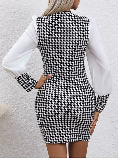 Dress Houndstooth With White Sheer Puff Sleeves