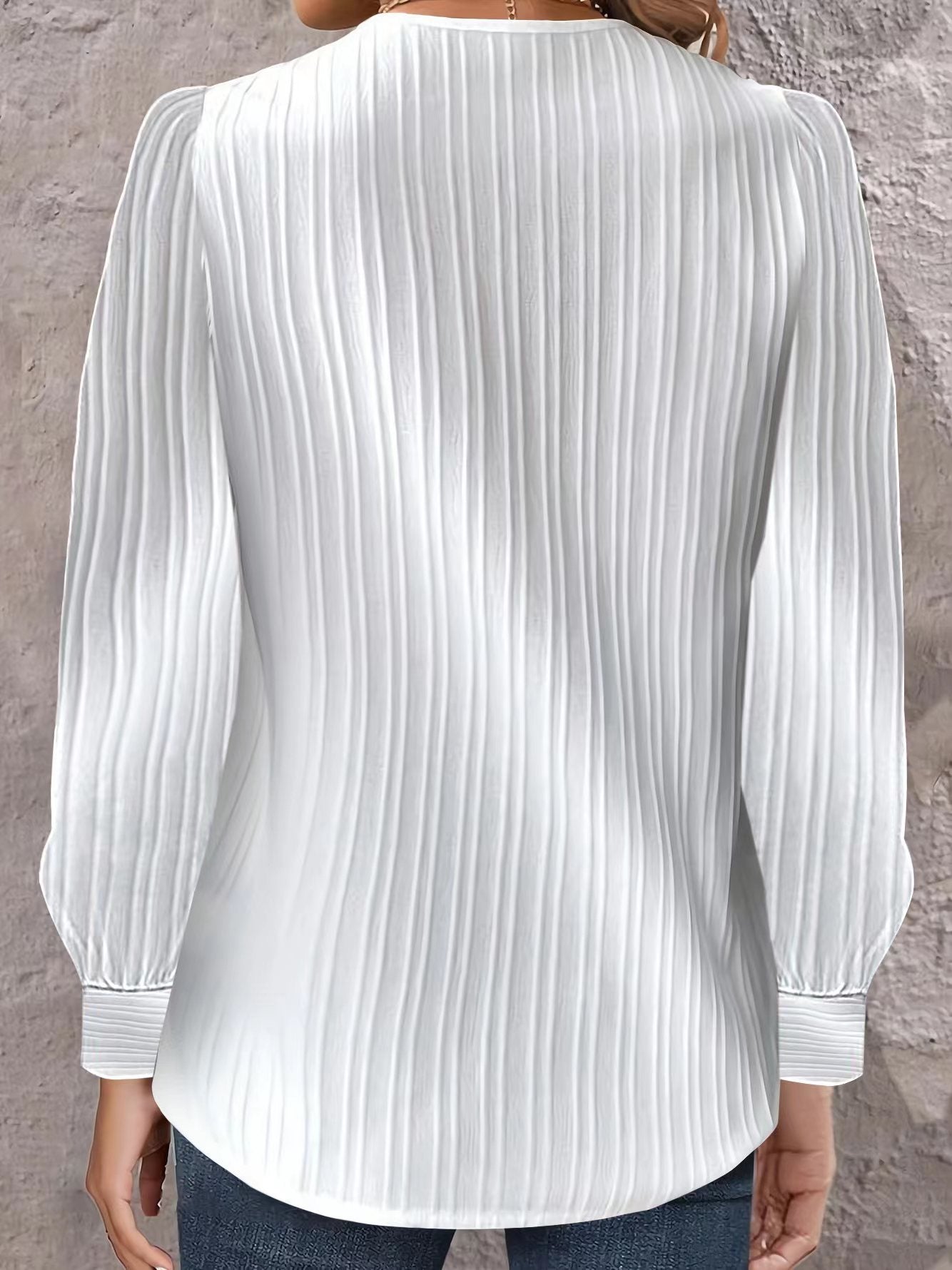 Blouse White V-Neck Button Long Sleeve