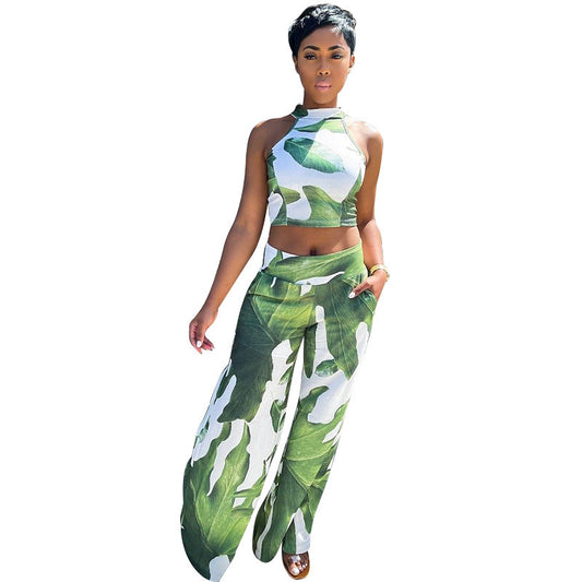 Tropical Green Leaf Pant Set