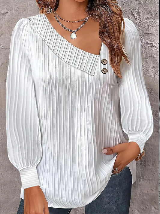 Blouse White V-Neck Button Long Sleeve