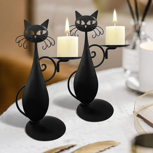 Home Decor Pair Black Cat Candleholders