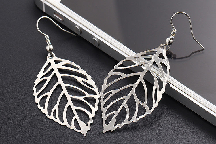 Earrings, Silver Metal Leaf