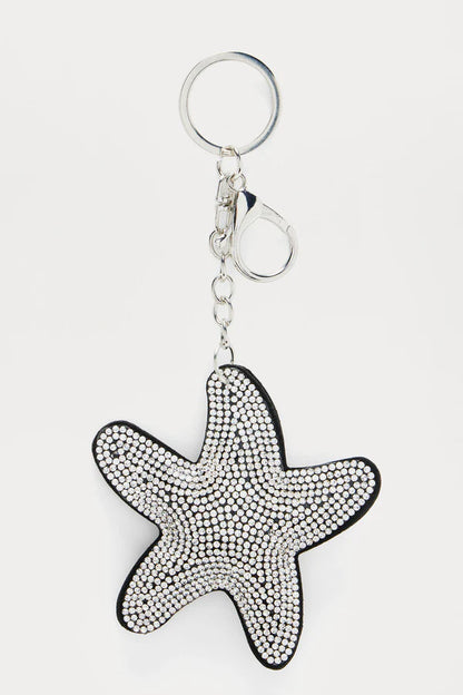 Keychain, Black Starfish Silver Rhinestones