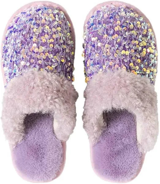 Purple Sequin Plush Slippers