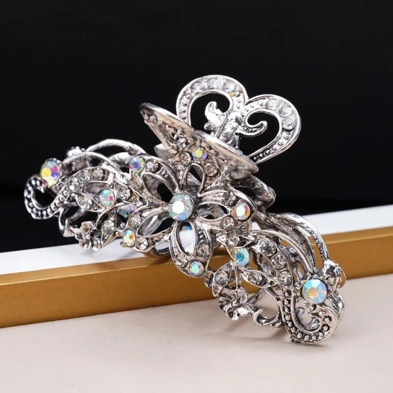 Hair Clip. Silver Claw With Colorful Rjinestones