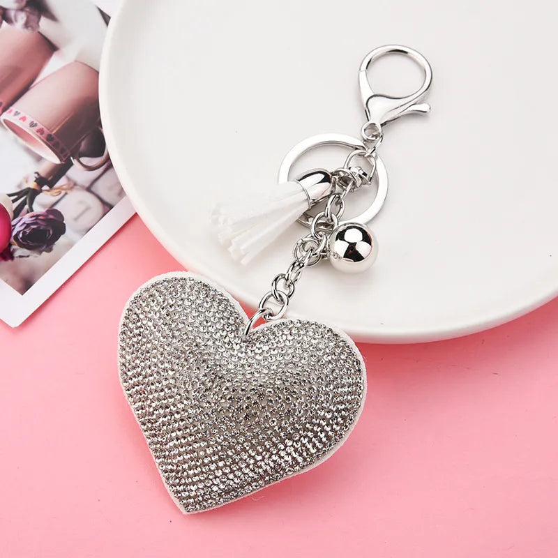 Keychain, White Heart Silver Rhinestones